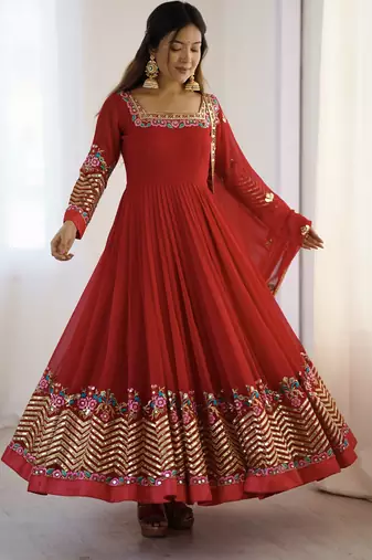 Red embroidered sequin anarkali set