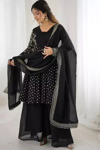 Black embroidered georgette palazzo set