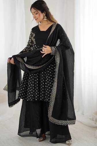 Balck Silk Embroidered Suit Set