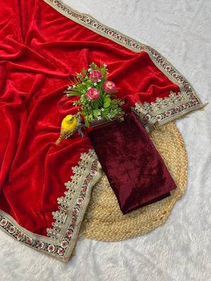 Red Color Designer Velvet Saree 1