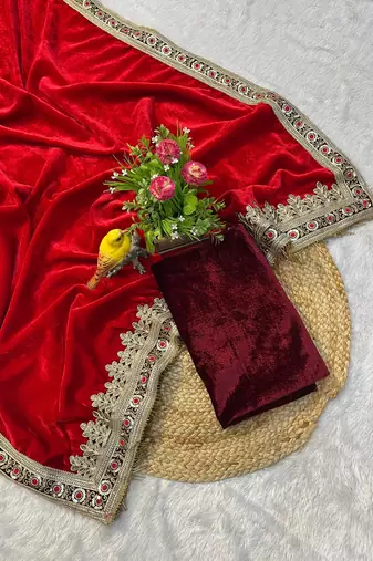 Red Color Designer Velvet Saree