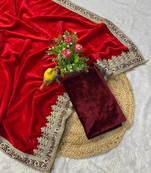 Red Color Designer Velvet Saree