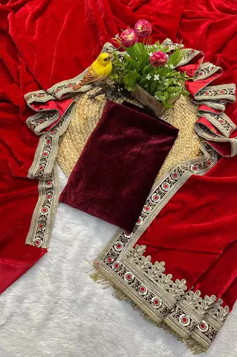 Red Color Designer Velvet Saree