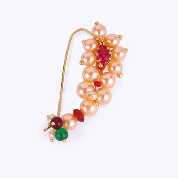 Traditional brilliant oval shape gold plated maharashtrian nosepin / nath without piercing for women and girls 3