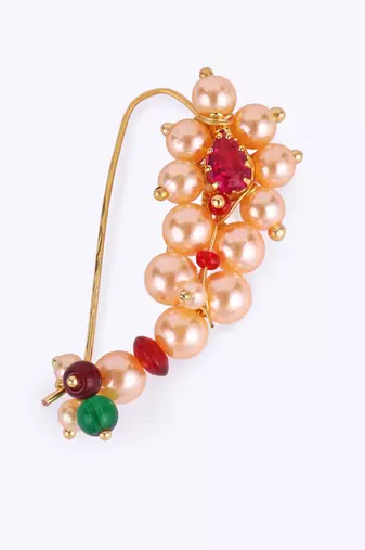 Traditional brilliant oval shape gold plated maharashtrian nosepin / nath without piercing for women and girls