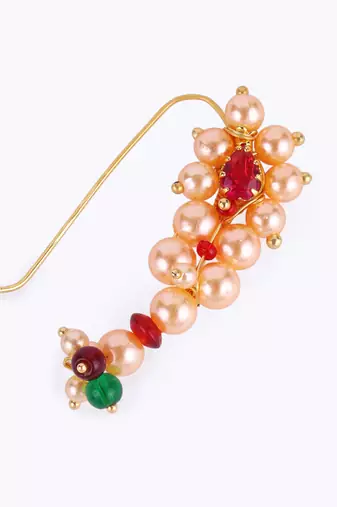 Traditional brilliant oval shape gold plated maharashtrian nosepin / nath without piercing for women and girls