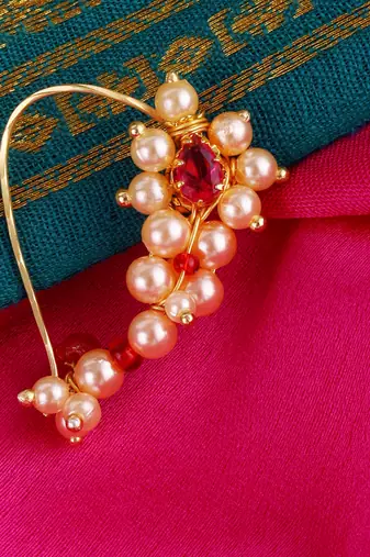 Traditional dazzling oval shape gold plated maharashtrian nosepin / nath without piercing for women and girls