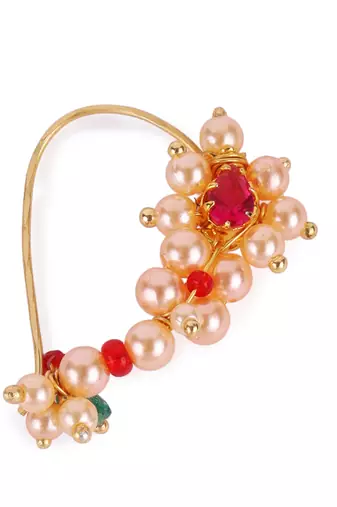 Traditional dazzling oval shape gold plated maharashtrian nosepin / nath without piercing for women and girls