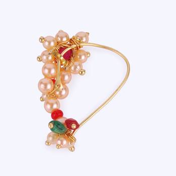 Traditional dazzling oval shape gold plated maharashtrian nosepin / nath without piercing for women and girls 3