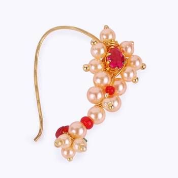 Traditional dazzling oval shape gold plated maharashtrian nosepin / nath without piercing for women and girls 4
