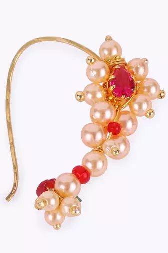 Traditional dazzling oval shape gold plated maharashtrian nosepin / nath without piercing for women and girls