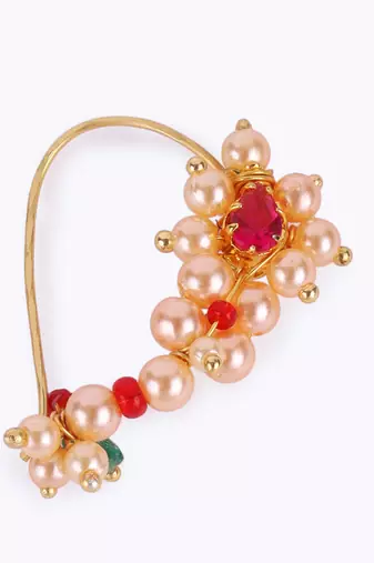 Traditional dazzling oval shape gold plated maharashtrian nosepin / nath without piercing for women and girls
