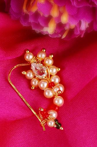 Traditional delightful oval shape gold plated maharashtrian nosepin / nath without piercing for women and girls