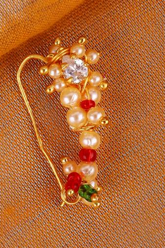 Traditional designer oval shape gold plated maharashtrian nosepin / nath without piercing for women and girls