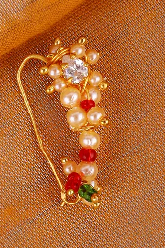 Traditional designer oval shape gold plated maharashtrian nosepin / nath without piercing for women and girls