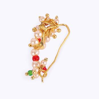 Traditional designer oval shape gold plated maharashtrian nosepin / nath without piercing for women and girls 3