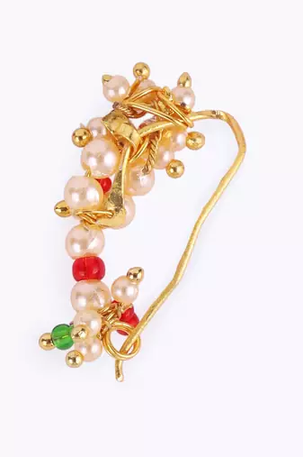 Traditional designer oval shape gold plated maharashtrian nosepin / nath without piercing for women and girls