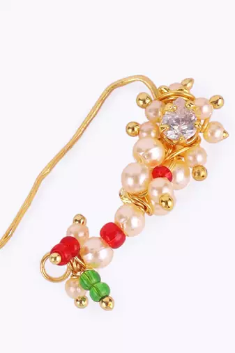 Traditional designer oval shape gold plated maharashtrian nosepin / nath without piercing for women and girls