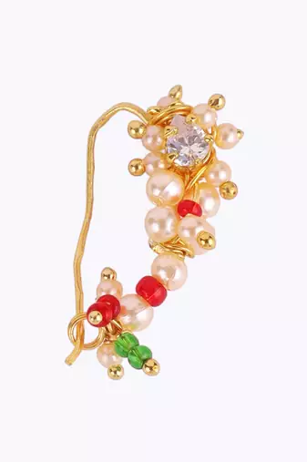 Traditional designer oval shape gold plated maharashtrian nosepin / nath without piercing for women and girls