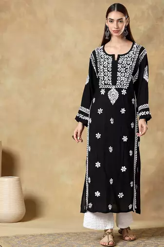 Women's floral modal embroidered round neck chikankari kurti