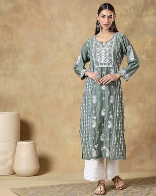 Women's floral silk embroidered round neck chikankari kurti 1