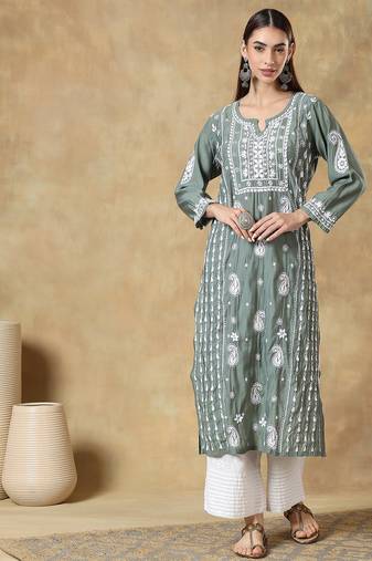 Women's floral roman silk embroidered round neck chikankari kurti
