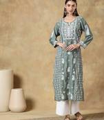 Women's floral roman silk embroidered round neck chikankari kurti