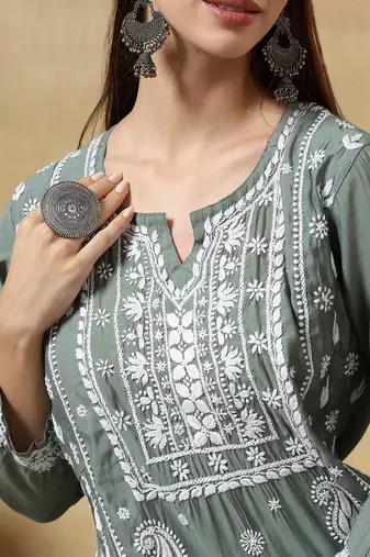 Women's floral roman silk embroidered round neck chikankari kurti