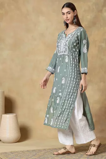 Women's floral roman silk embroidered round neck chikankari kurti