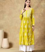 Chinkari yellow  color embroided roman silk kurta for women   - round neck-full sleeves