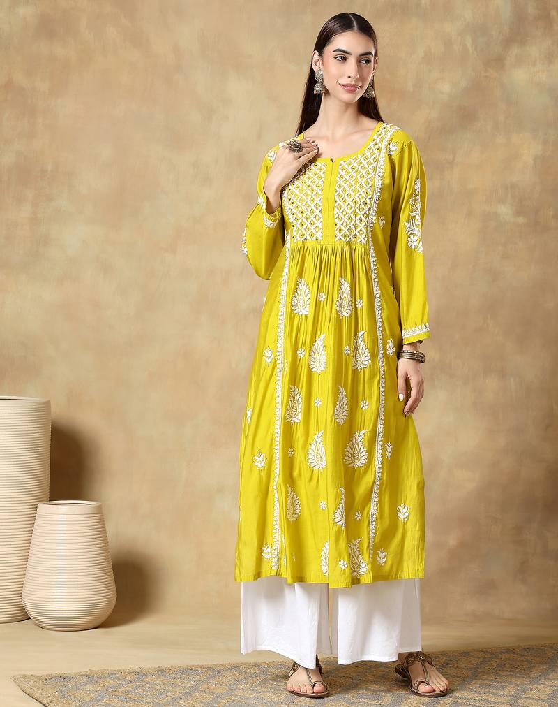 Chinkari yellow  color embroided roman silk kurta for women   - round neck-full sleeves