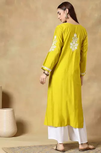 Chinkari yellow  color embroided roman silk kurta for women   - round neck-full sleeves