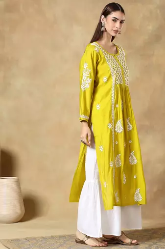 Chinkari yellow  color embroided roman silk kurta for women   - round neck-full sleeves