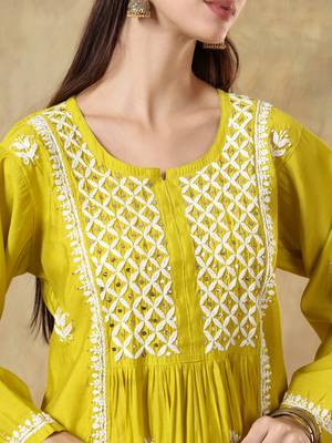 Chikankari yellow  color embroided roman silk kurta for women  4
