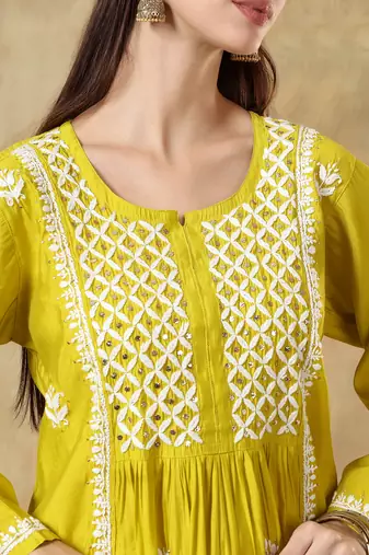 Chinkari yellow  color embroided roman silk kurta for women   - round neck-full sleeves