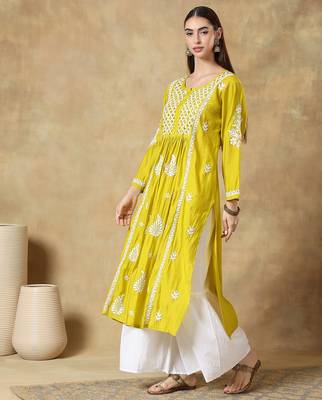 Chikankari yellow  color embroided roman silk kurta for women  5