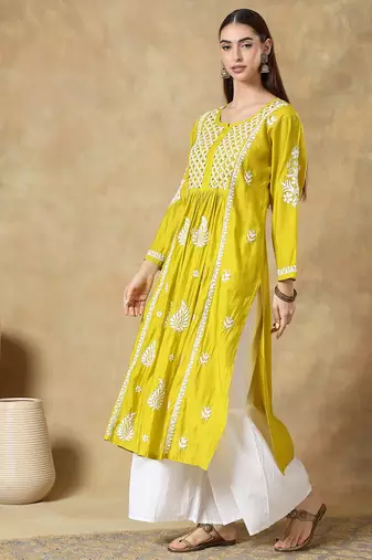 Chinkari yellow  color embroided roman silk kurta for women   - round neck-full sleeves
