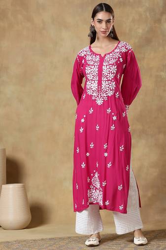 Chinkari pink color embroided modal kurta for women   - round neck-full sleeves