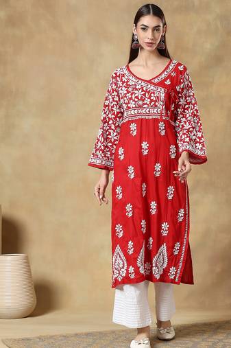 Chinkari red color embroided cotton  kurta for women   - v- neck-full sleeves
