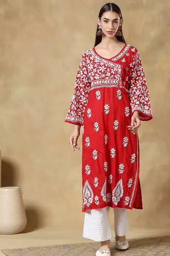 Chinkari red color embroided cotton  kurta for women   - v- neck-full sleeves