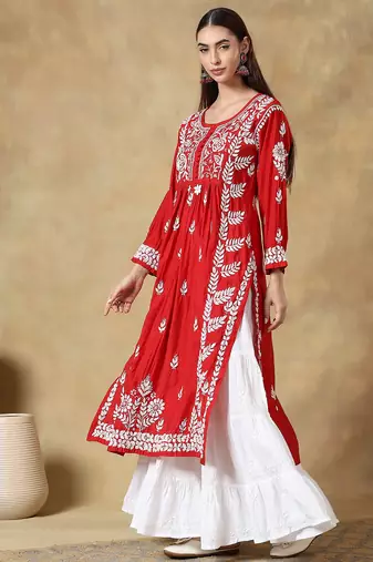 Chinkari red color embroided roman silk  kurta for women   - round - neck-full sleeves