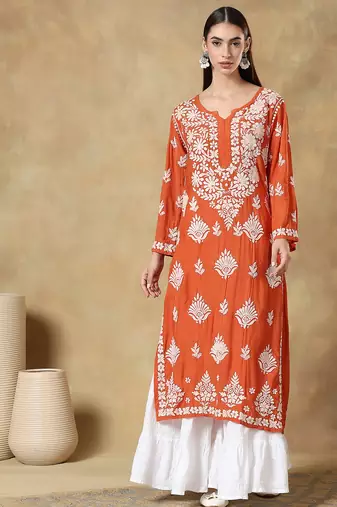 Chinkari orange color embroided muslin  kurta for women   - v - neck-full sleeves
