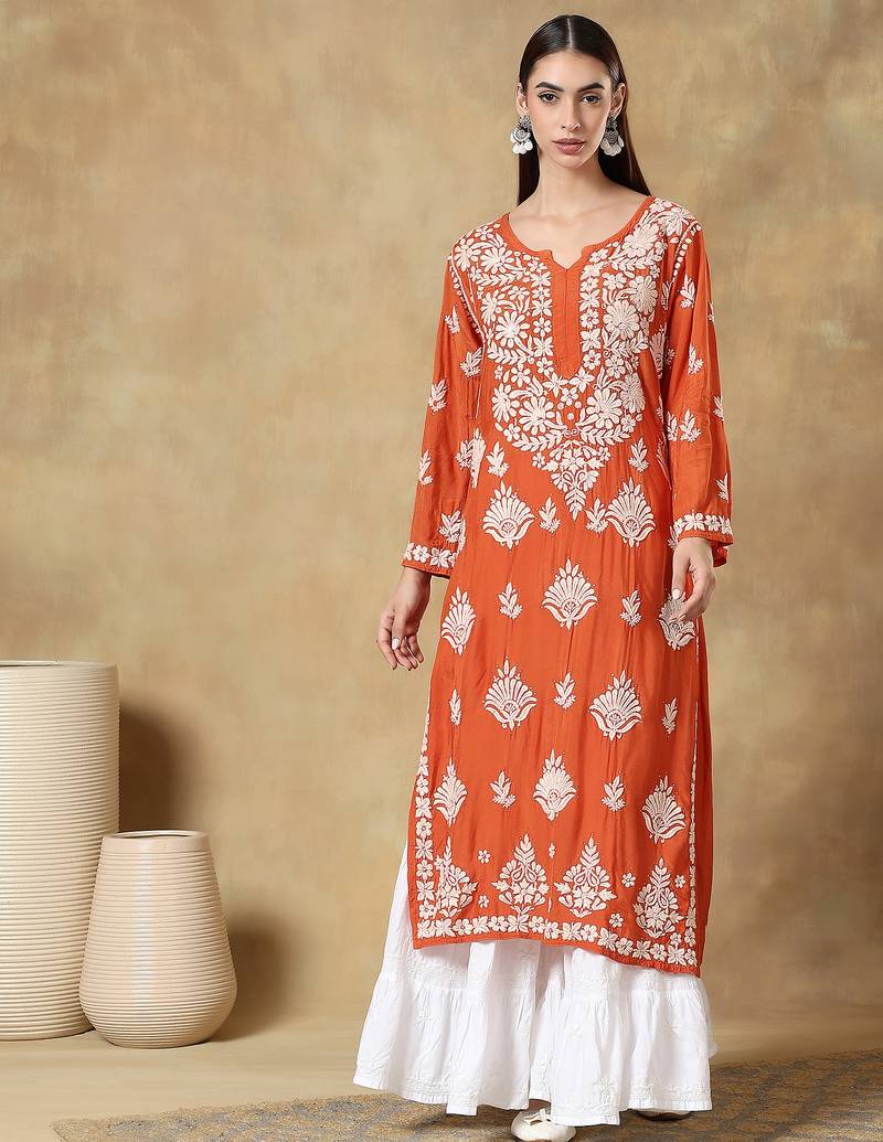 Chinkari orange color embroided muslin  kurta for women   - v - neck-full sleeves