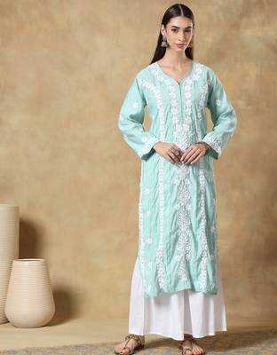 Chinkari green color embroided roman silk kurta for women - v - neck-full sleeves 1