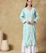 Chinkari green color embroided roman silk kurta for women - v - neck-full sleeves