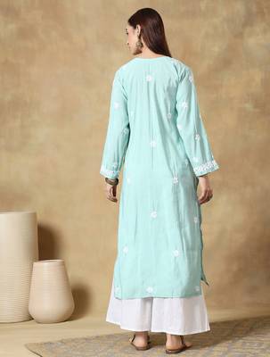Chinkari green color embroided roman silk kurta for women - v - neck-full sleeves 2