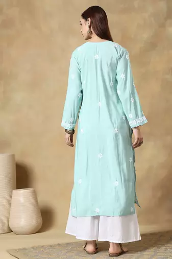 Chinkari green color embroided roman silk kurta for women - v - neck-full sleeves