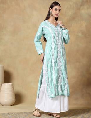 Chinkari green color embroided roman silk kurta for women - v - neck-full sleeves 3