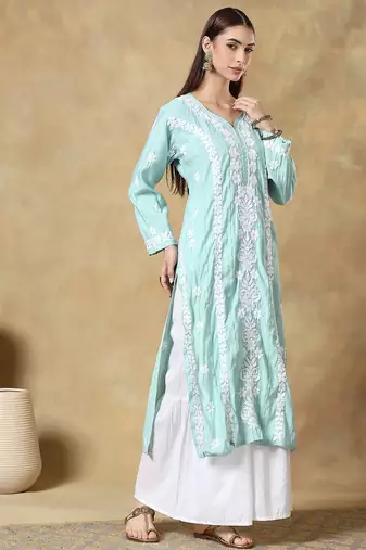 Chinkari green color embroided roman silk kurta for women - v - neck-full sleeves