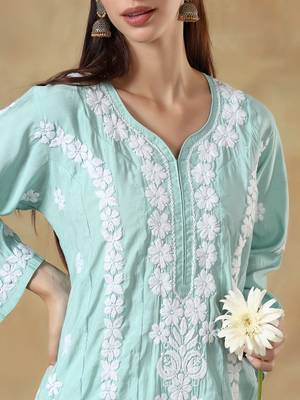 Chinkari green color embroided roman silk kurta for women - v - neck-full sleeves 5